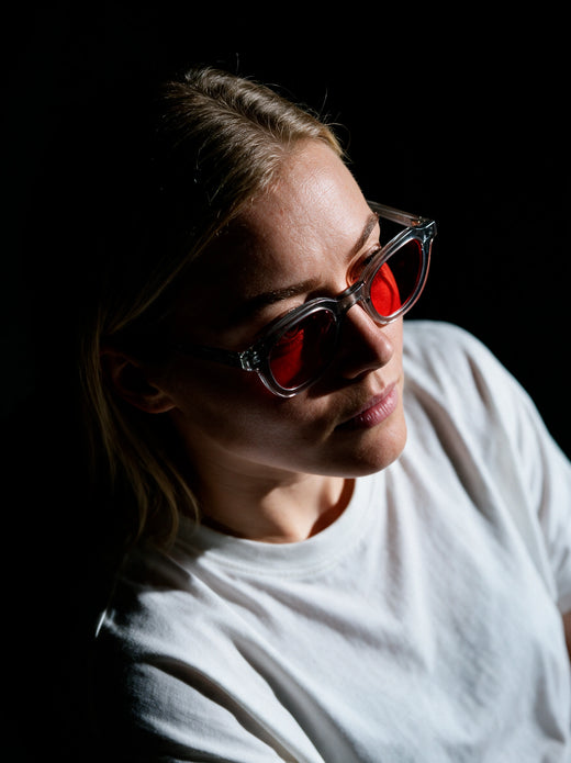 Ronja Savolainen wearing HEVO blue light glasses with Sleep Lens