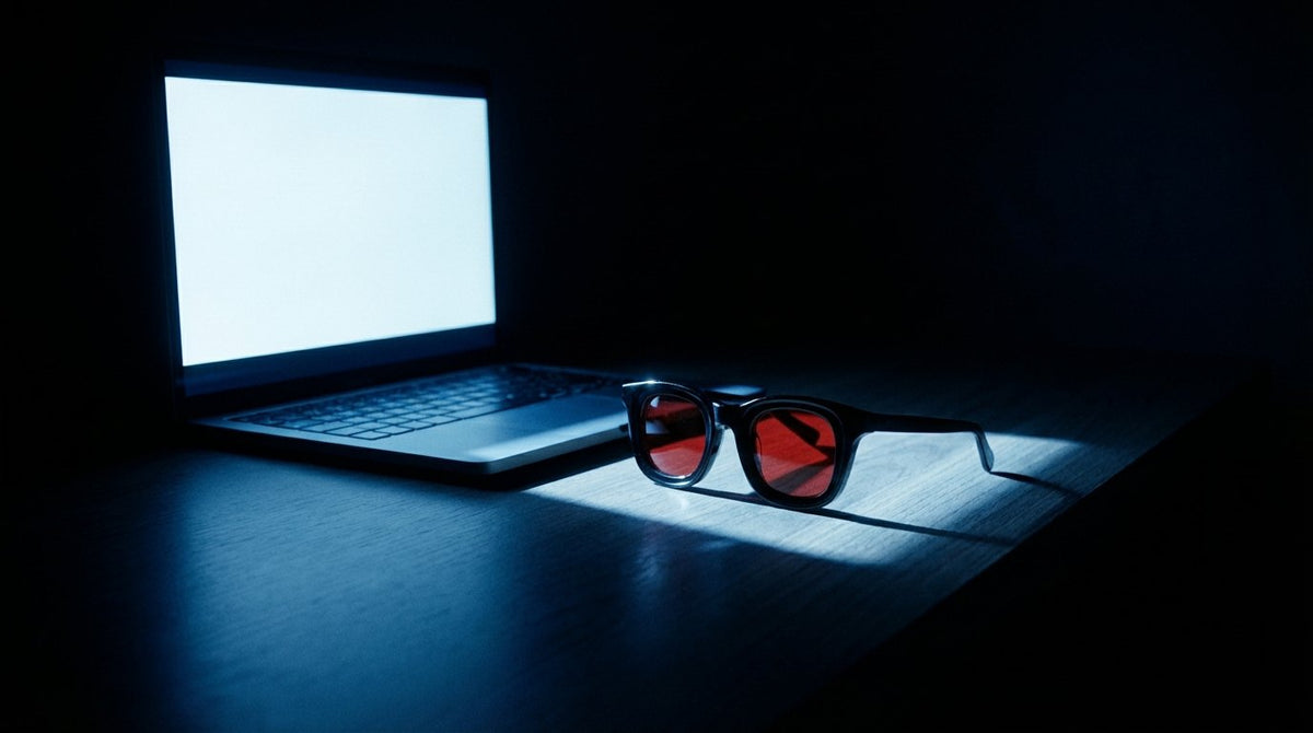 Röda glasögon framför en lysande laptop i mörkret