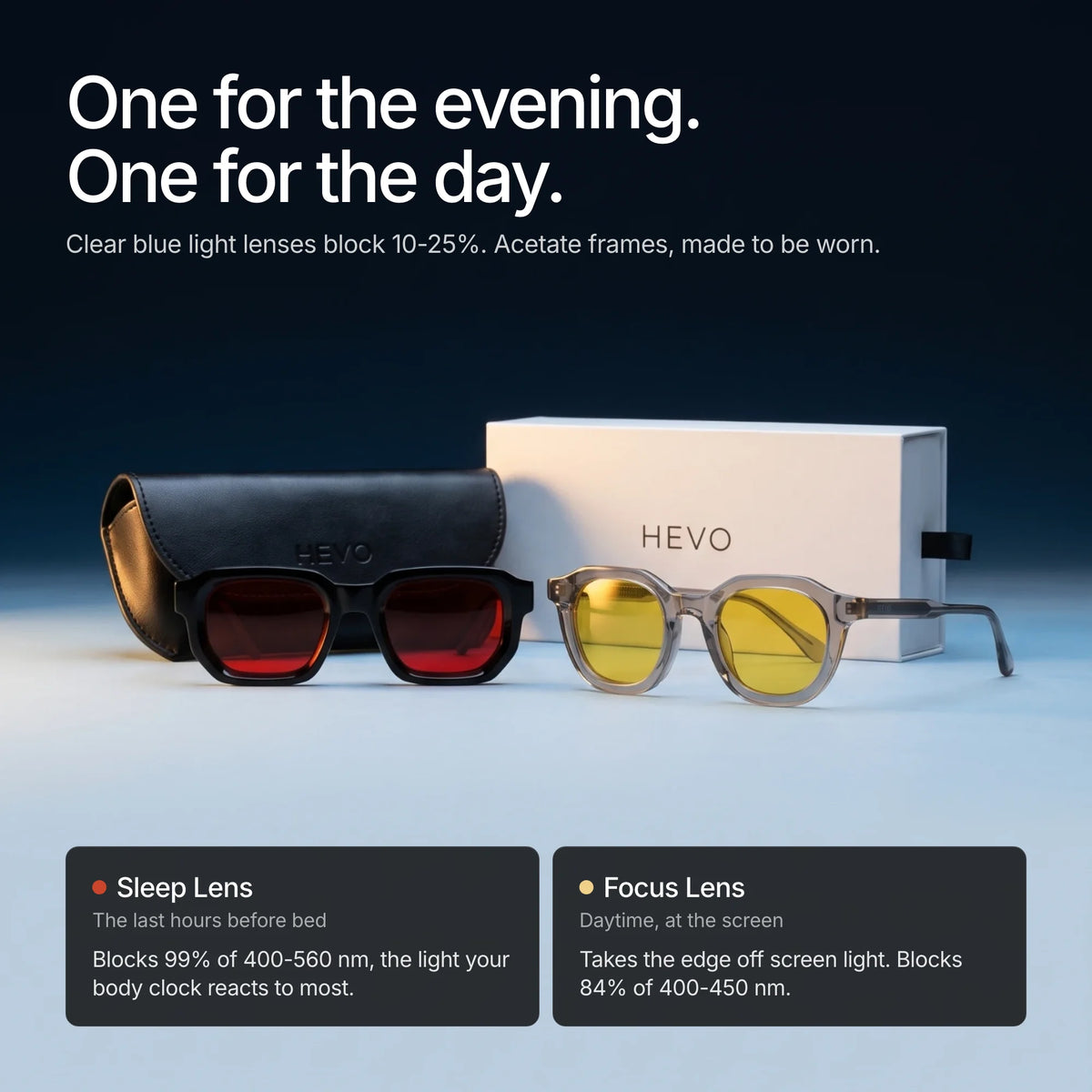 HEVO Sleep Lens and Focus Lens with case and box: one for the evening, one for the day.