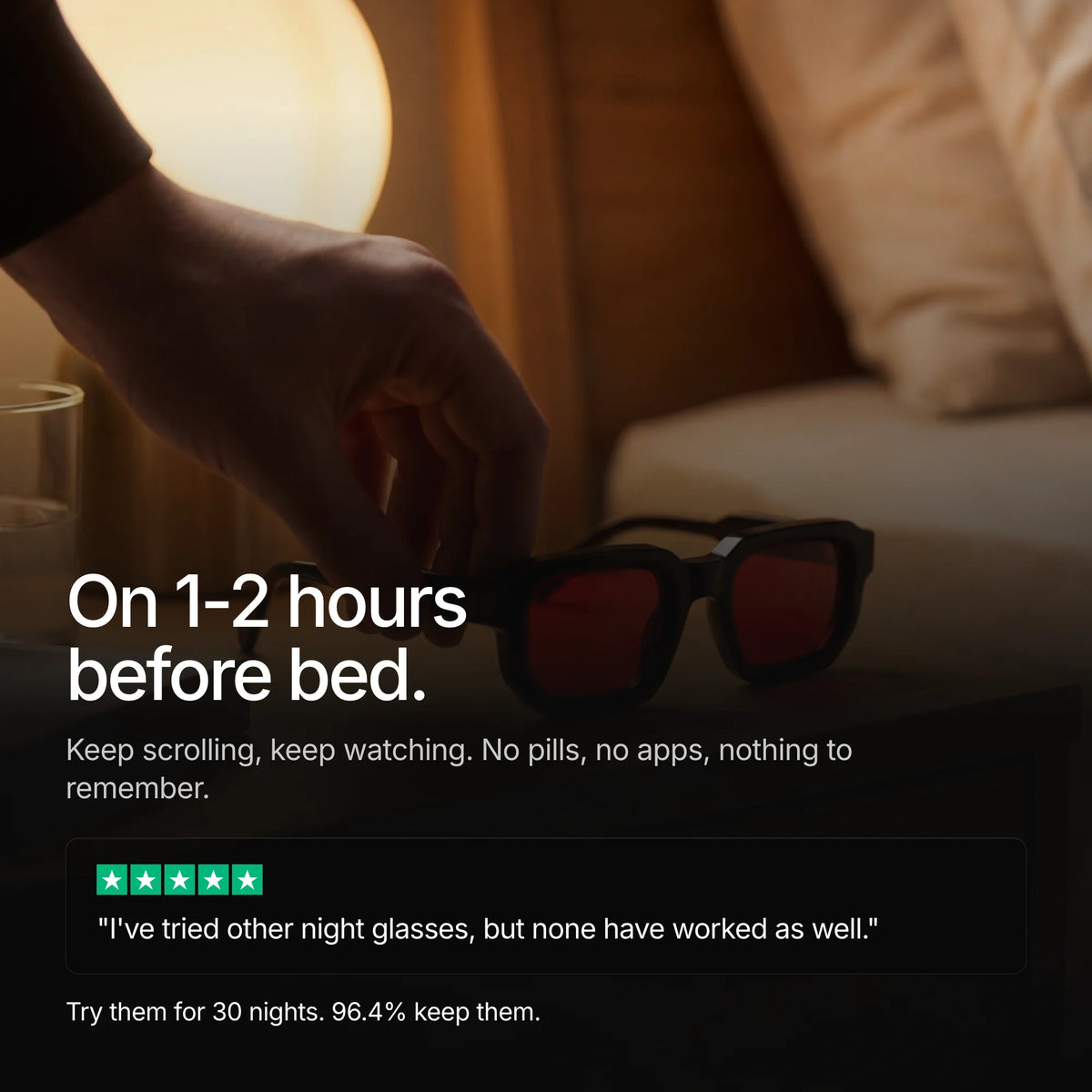 HEVO Sleep Lens on a nightstand: wear them 1-2 hours before bed. Try them for 30 nights.